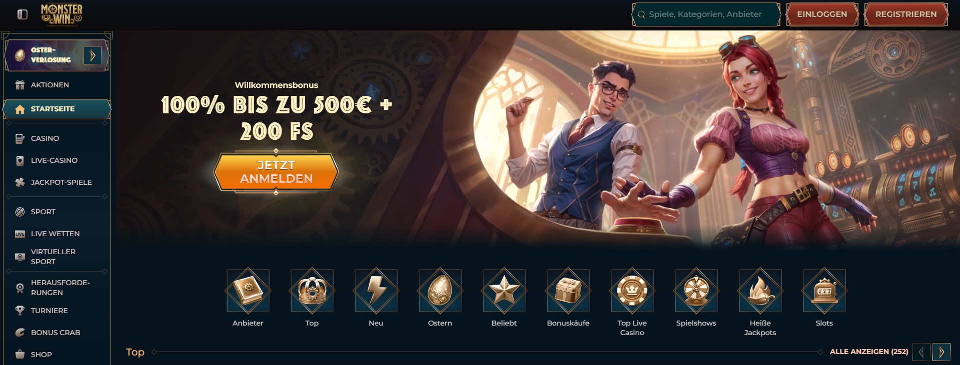 Eine Online-Casino-Webseite mit einem großzügigen Willkommensbonus von 100% bis zu 500€ und 200 Freispielen. Zwei Figuren in Steampunk-Kleidung stehen im Vordergrund. Links befindet sich ein Menü mit verschiedenen Kategorien wie Casino, Live-Casino, Jackpot-Spiele, Sport und mehr. Besonders attraktiv wirkt das Angebot als Casino ohne Verifizierung, da der Einstieg ins Spiel schnell und unkompliziert möglich ist. Ein auffälliger orangefarbener Button mit der Aufschrift „Jetzt Anmelden“ lädt zur Registrierung ein.